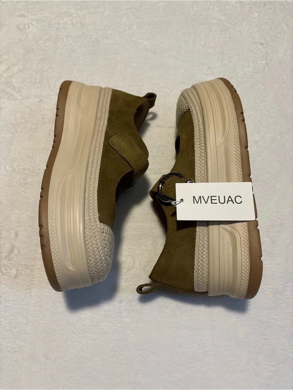 SUEDE MARY JANES | Women’s Platform Shoes in Olive and Cream - Knit Toe w/Buckle